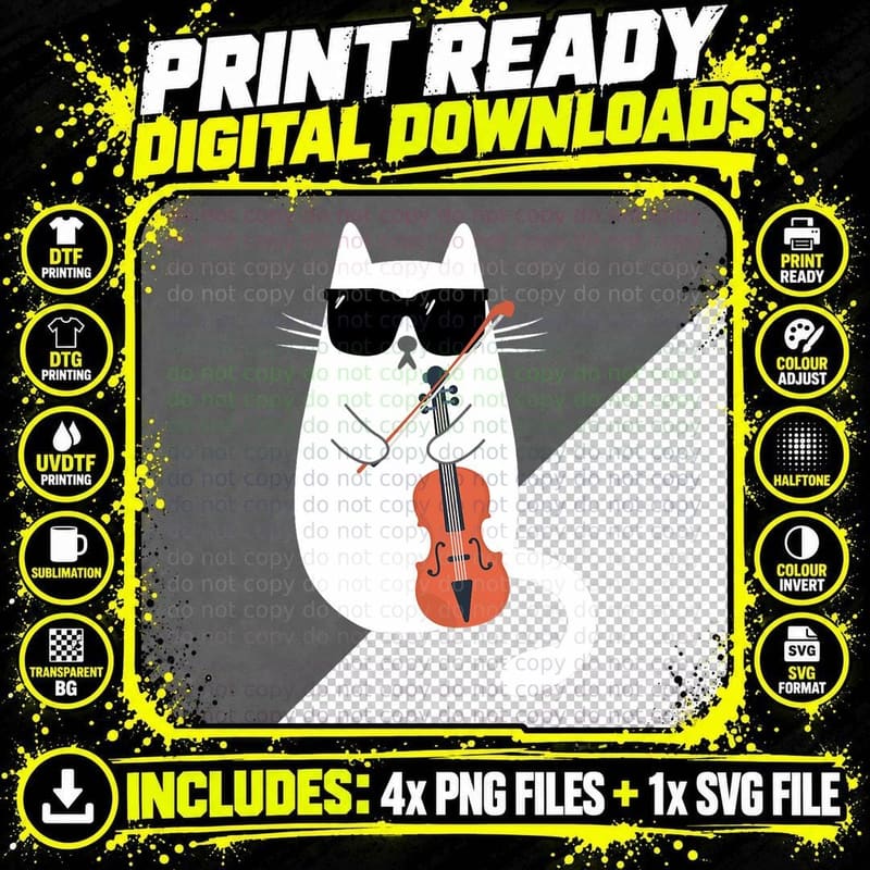 Funny Cat Wearing Sunglasses Playing Violin Viola Png SVG Digital Bundle