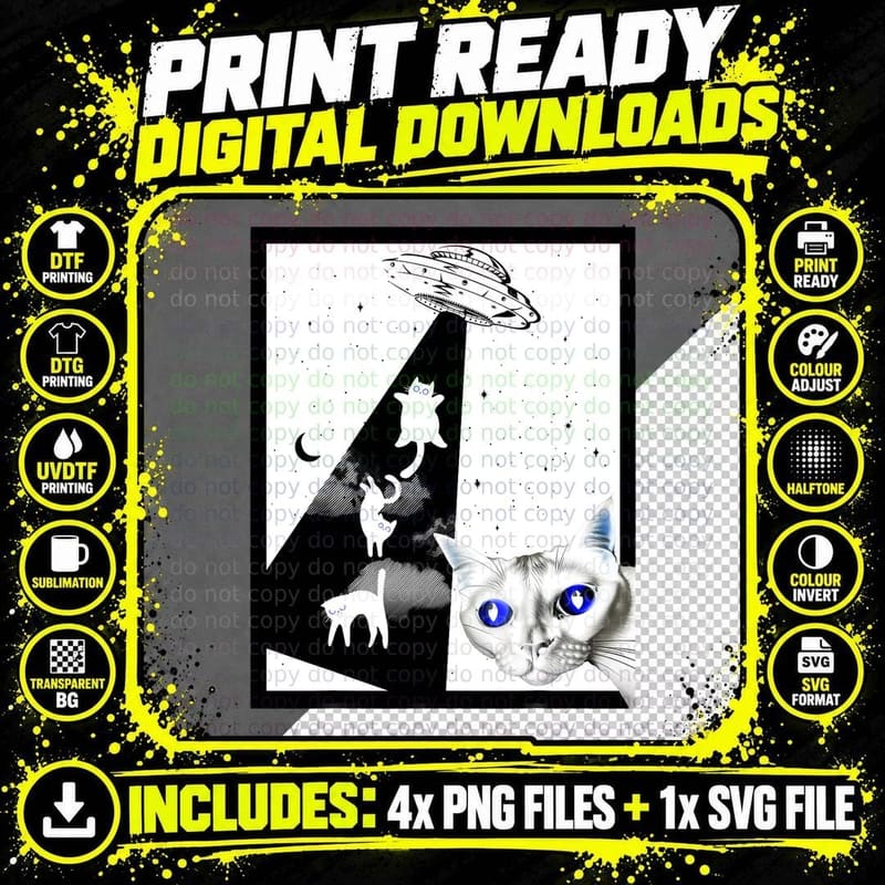Funny Cats with Alien UFO Spaceship. Funny Cat Lovers Png SVG Digital Bundle