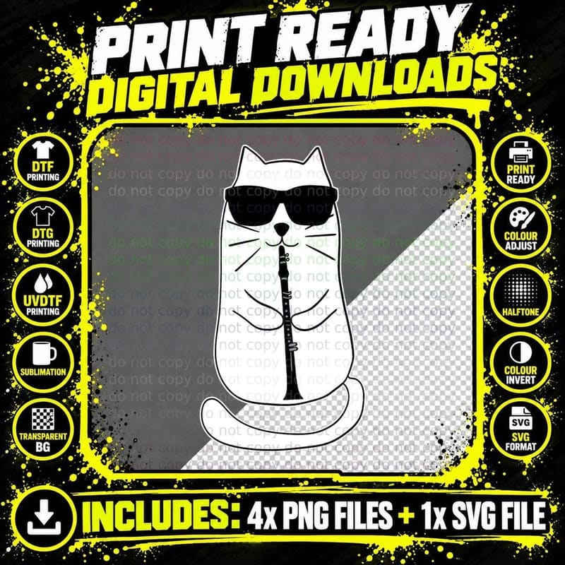 Funny Clarinet Cat with Sunglasses Musician Retro Png SVG Digital Bundle
