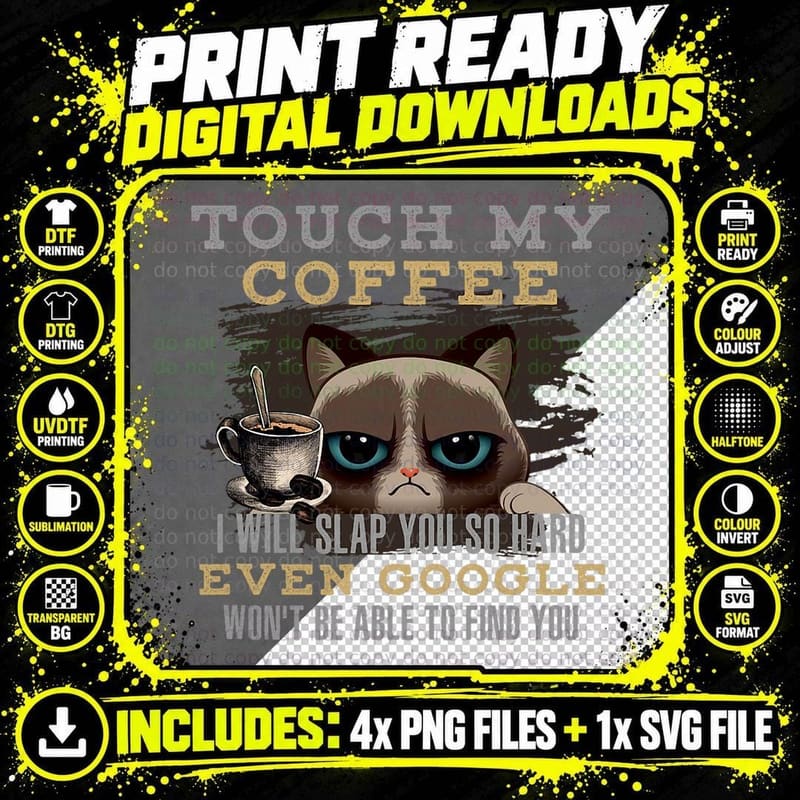 Funny Coffee Lover - Cat Humour T-Shirt Png SVG Digital Bundle