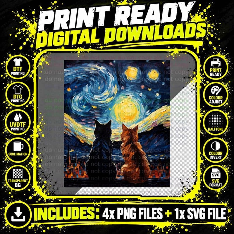 Funny Couples Cats Lover Starry Night Vincent Van Gogh Png SVG Digital Bundle