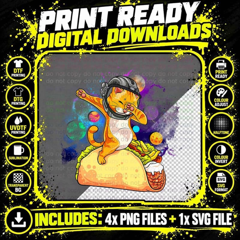 Funny Dabbing Cat Astronaut in Space Riding Taco T-Shirt Png SVG Digital Bundle