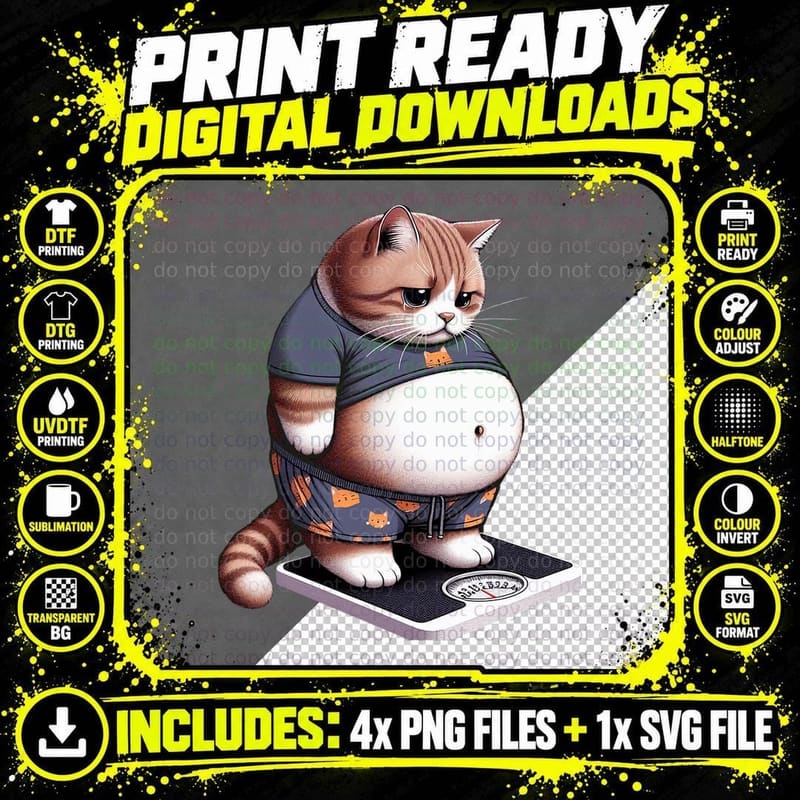 Funny Fat Cat Cute Chubby Kitten T-Shirt Png SVG Digital Bundle