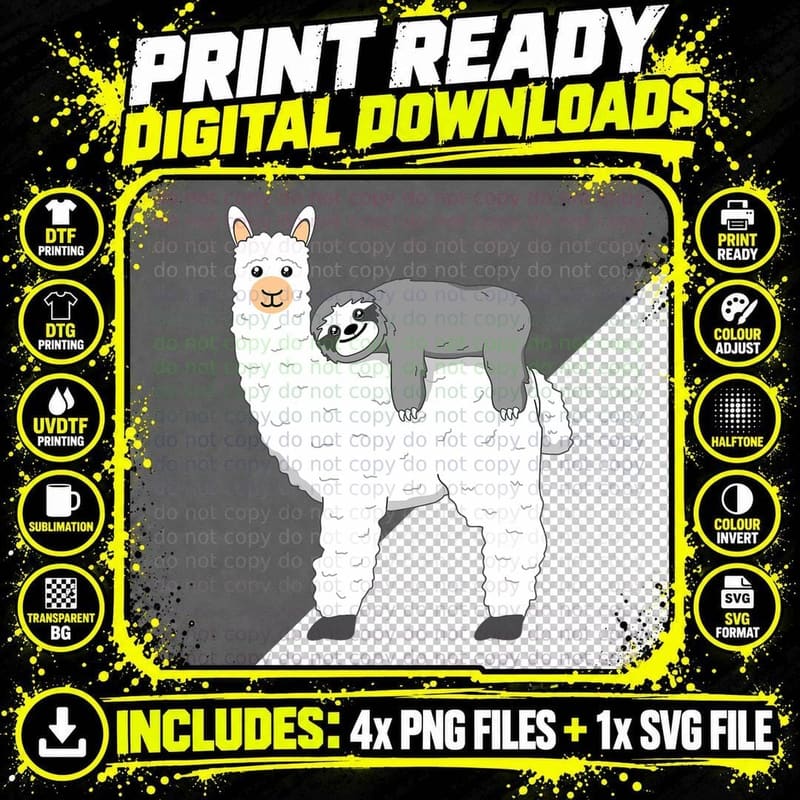 Funny Fluffy Animal Sloth Riding Llama T-Shirt Png SVG Digital Bundle