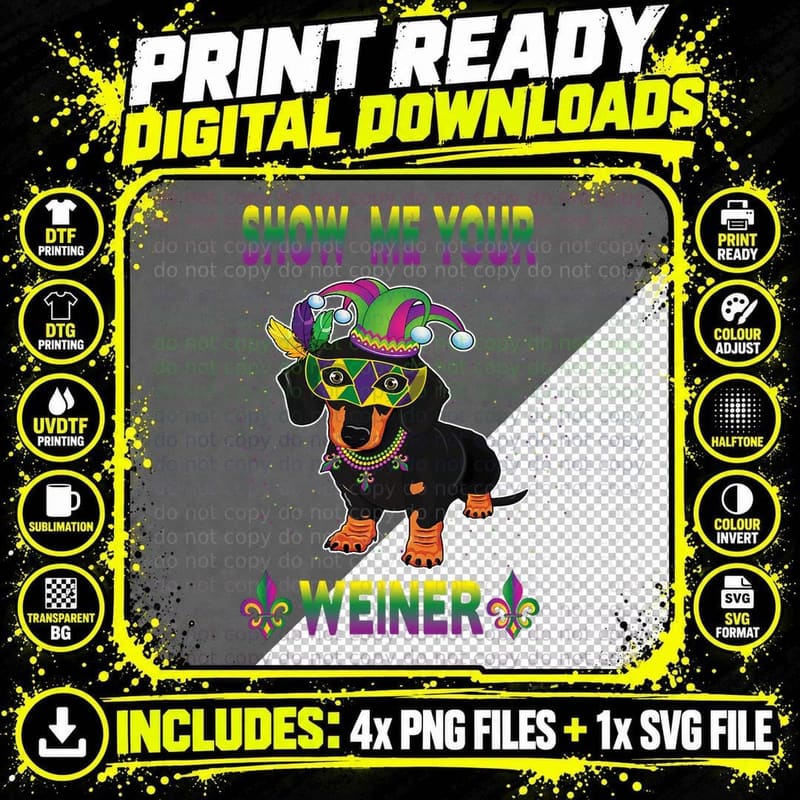 Funny Mardi Gras Dachshund Dog Show Me Your Weiner Women Png SVG Digital Bundle