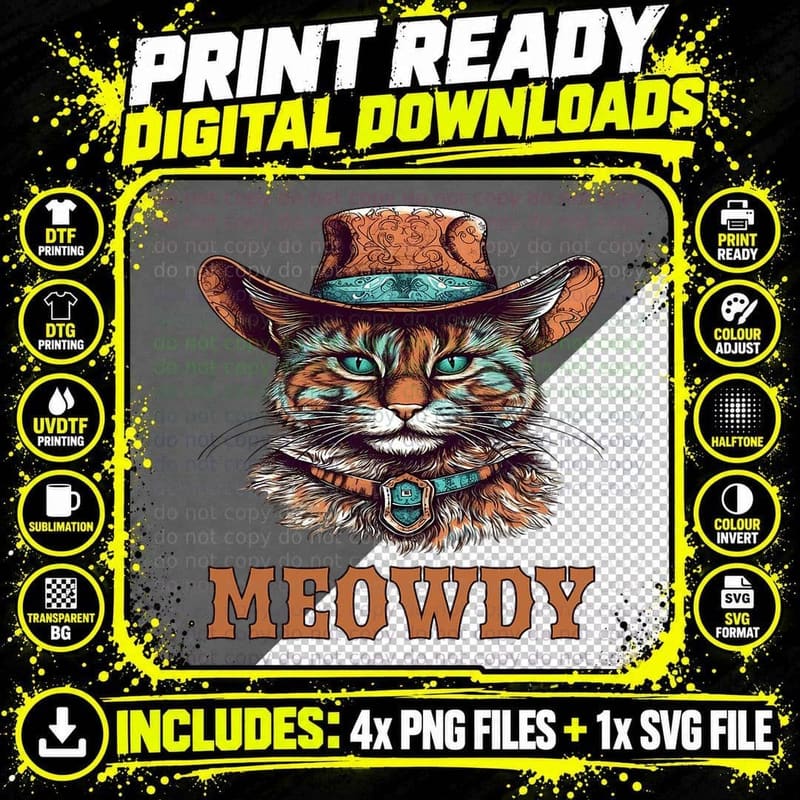 Funny Meowdy Cat Cowboy Graphic Western Cat Meow Howdy Png SVG Digital Bundle