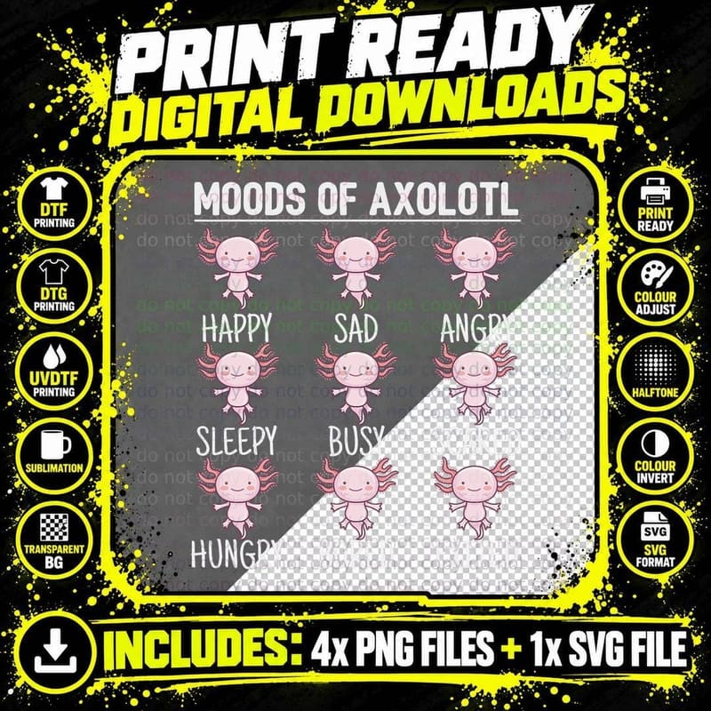 Funny Moods of Axolotl T-Shirt Png SVG Digital Bundle