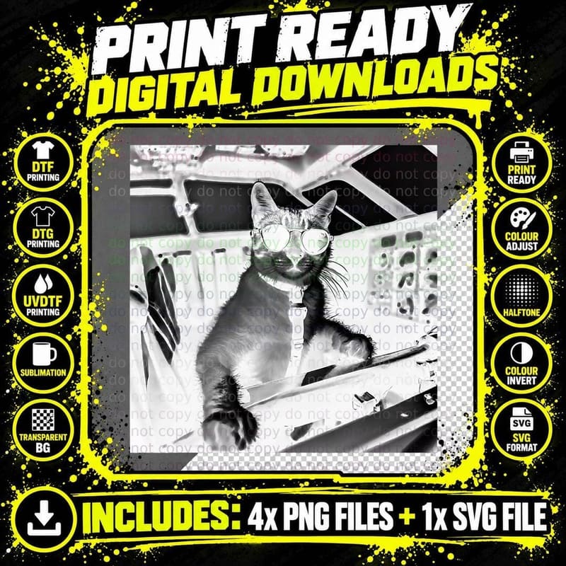 Funny Pilot Cat Wearing Sunglasses Flying a Plane T-Shirt Png SVG Digital Bundle