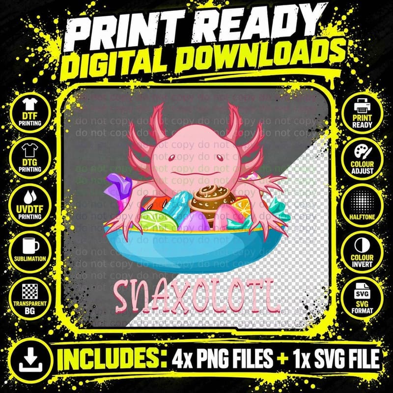 Funny Snacks Lover Mexican Amphibian Snaxolotl Axolotl Png SVG Digital Bundle