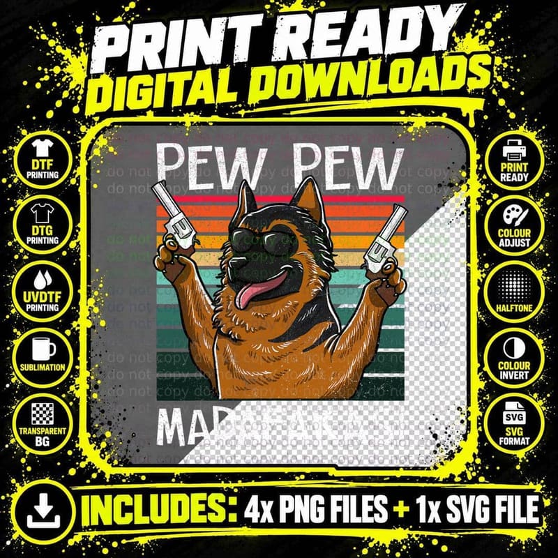 German Shepherd Pew Pew Dog Vintage Retro Sunset Dogs Png SVG Digital Bundle