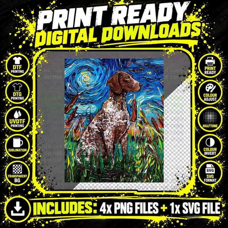 German Short Hair Pointer Starry Night Dog Art by Aja Png SVG Digital Bundle