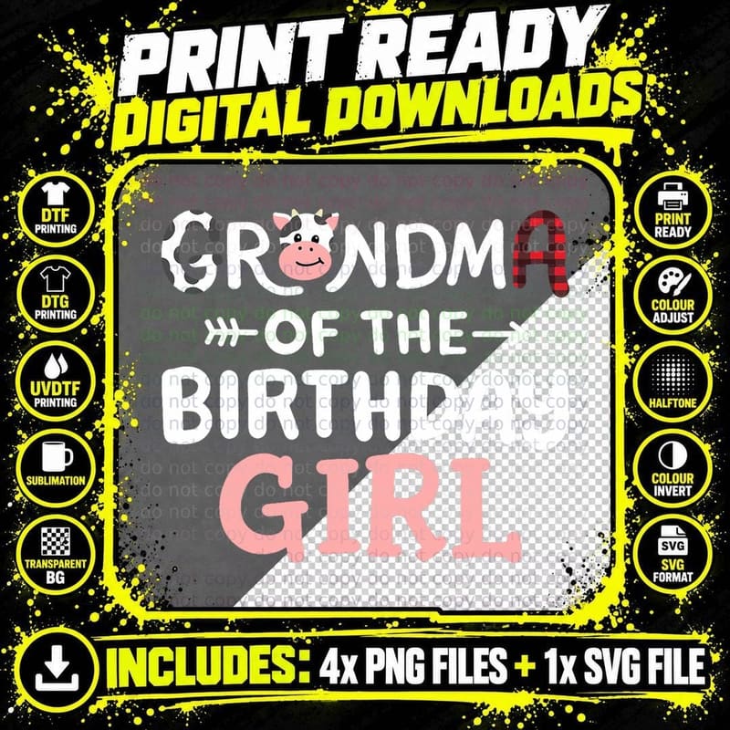 Grandma of the Birthday Girl Cow Farm Party Matching Png SVG Digital Bundle