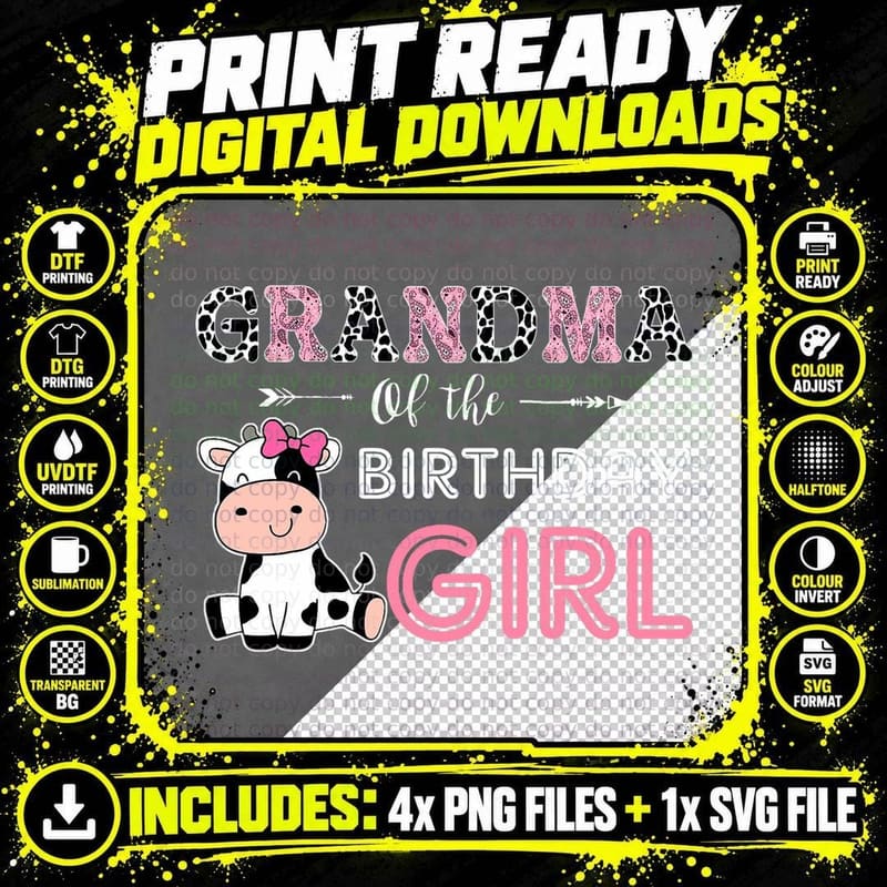 Grandma of the Birthday Girl Farm Cow Grandma Png SVG Digital Bundle