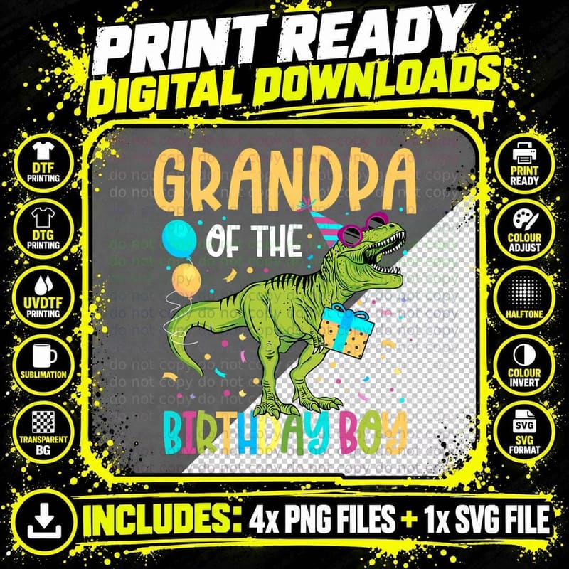 Grandpa of the Birthday Boy Family Matching Dinosaur Png SVG Digital Bundle