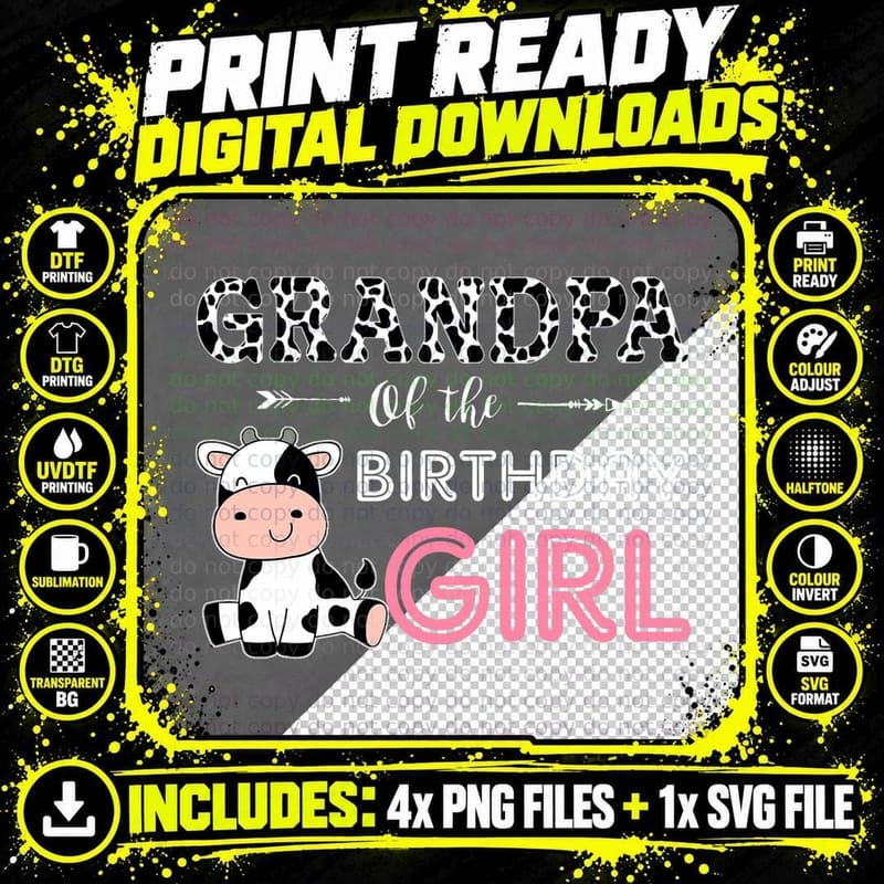 Grandpa of the Birthday Girl Farm Cow Grandpa Png SVG Digital Bundle