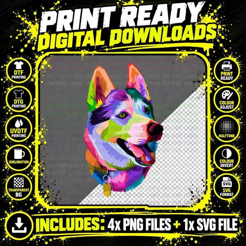 Graphical Colorful Siberian Husky Dog Art Png SVG Digital Bundle