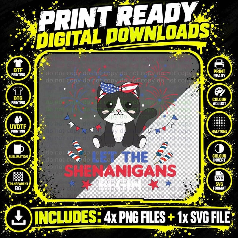 Happy 4th Cute Cat with Fireworks America Cat T-Shirt Png SVG Digital Bundle