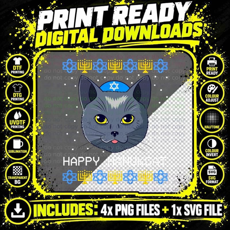 Happy Hanukcat Ugly Hanukkah Sweater Cat Chanukah Jewish Png SVG Digital Bundle