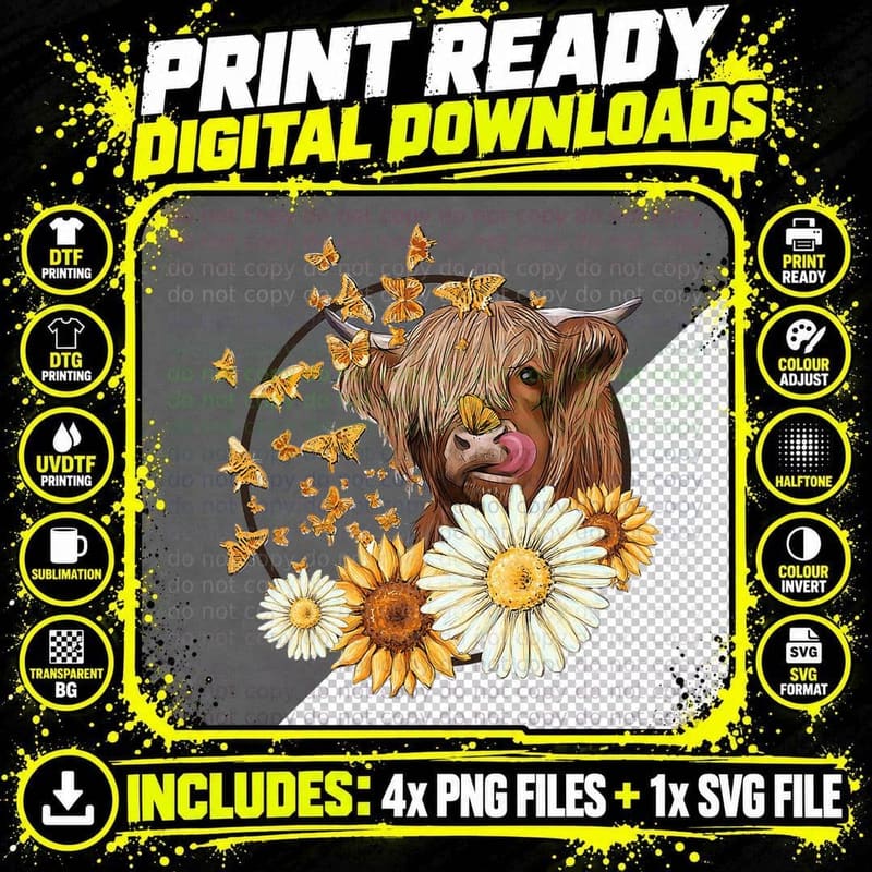 Highland Cow with Sunflower Daisies Butterflies Farm Png SVG Digital Bundle