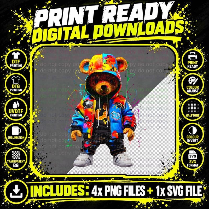 Hip-Hop Teddy-Bear Colorful Teddybear with Hoodie Png SVG Digital Bundle