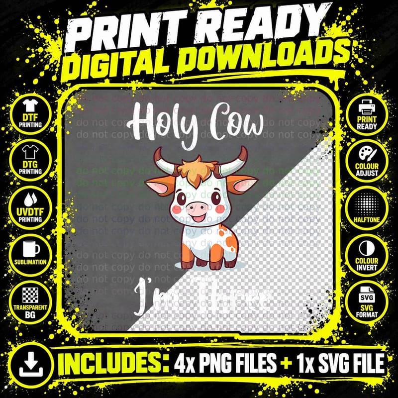 Holy Cow I'm Three Kids Birthday T-Shirt Png SVG Digital Bundle