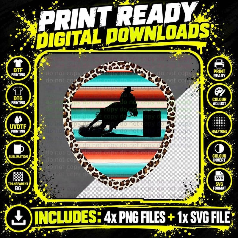 Horse Barrel Racing Serape Leopard Pattern Rodeo Cowgirl Png SVG Digital Bundle