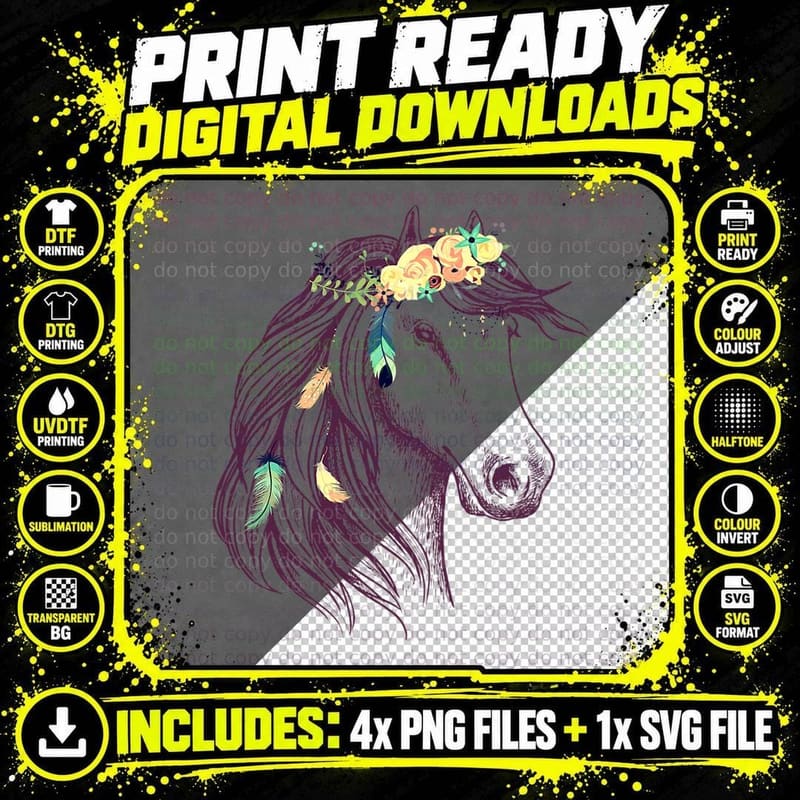 Horse Head Art with Flowers Tshirt for Animal Lovers Png SVG Digital Bundle