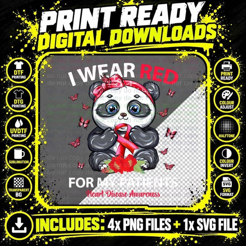 I Wear Red for My Patients Heart Disease Awareness Panda Png SVG Digital Bundle