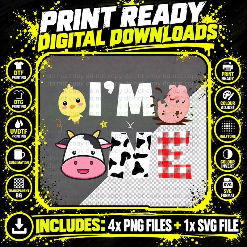 I'm One Age One Year 1st Old Cow Farm Theme Birthday Png SVG Digital Bundle