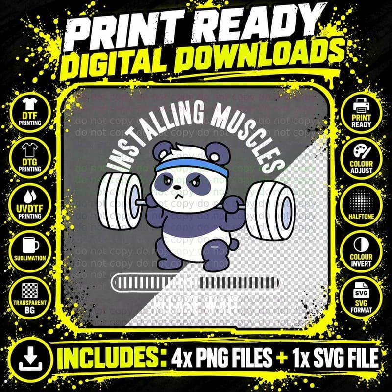 Installing Muscles Please Wait Panda Weight Lifting Png SVG Digital Bundle
