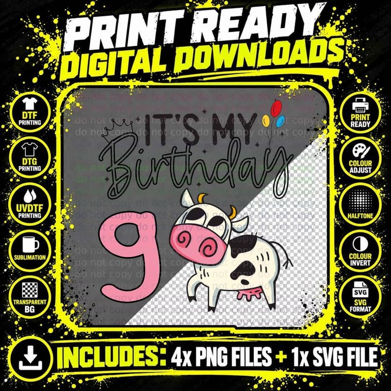 It's My Birthday 9 Kids Party Themed Cow Birthday T-Shirt Png SVG Digital Bundle