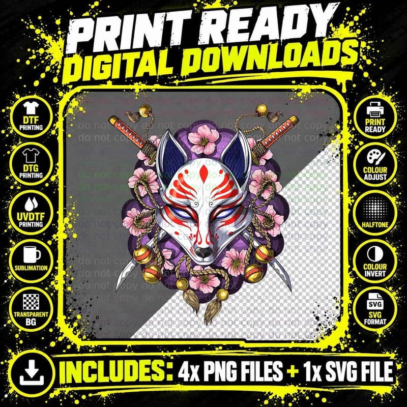 Japanese Nine Tailed Fox Kitsune Spirit Mask Samurai Png SVG Digital Bundle