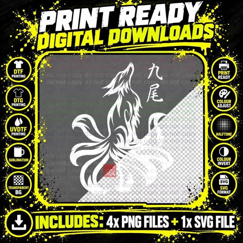 Japanese Nine Tailed Fox Kyubi Kitsune Spirit Tribal Png SVG Digital Bundle