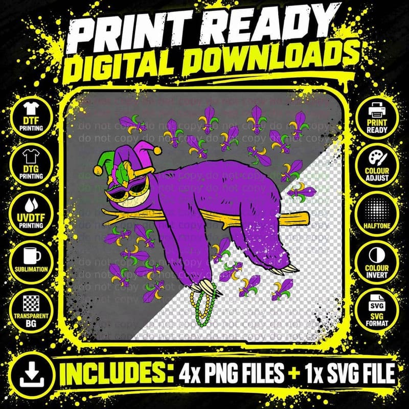 Jester Sloth Masquerade Mask Sleeping Mardi Gras Png SVG Digital Bundle