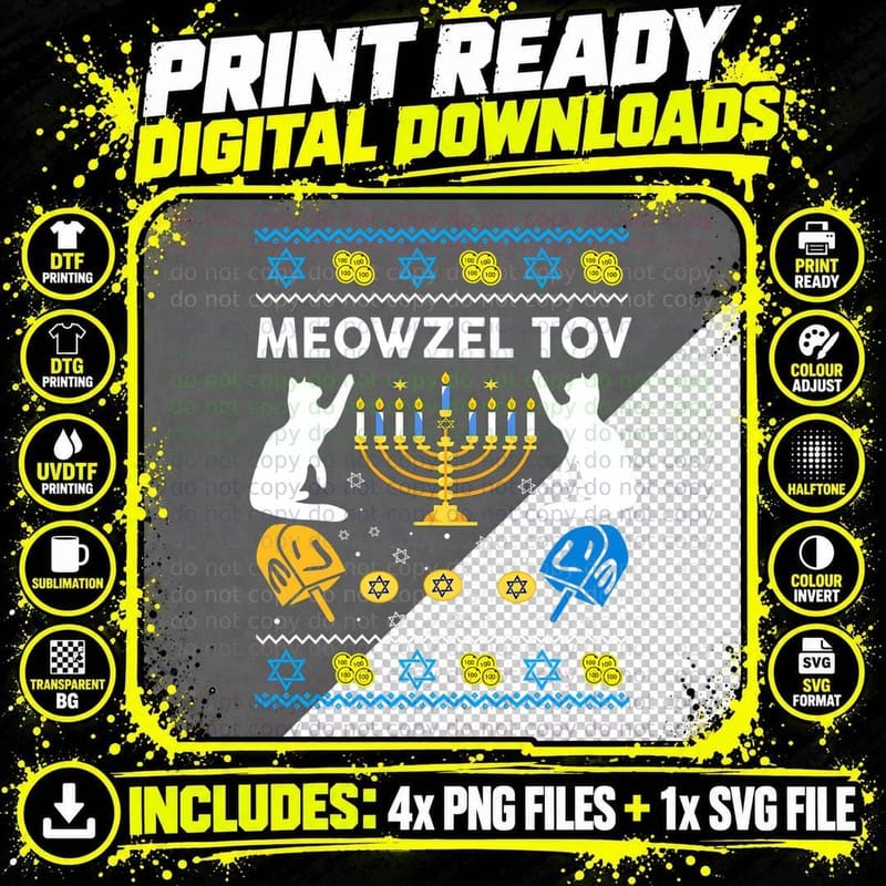 Jewish Cat Ugly Hanukkah Sweater Meowzel Tov Men Women Png SVG Digital Bundle