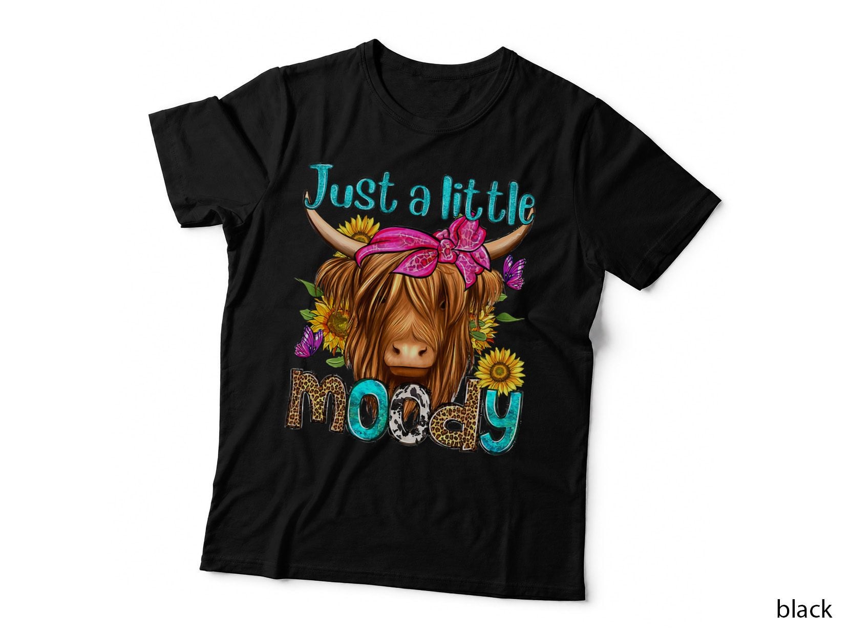 Just A-Little Moody Western Cow Heifer Sunflower & Butterfly T-Shirt