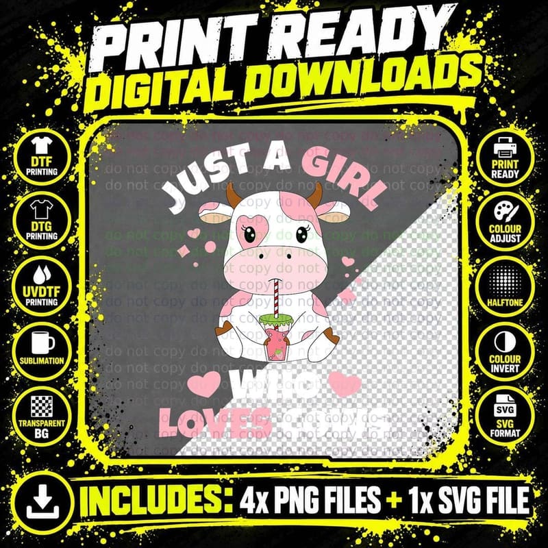 Just a Girl Who Loves Cows Cute Strawberry Cow Cowgirl Png SVG Digital Bundle