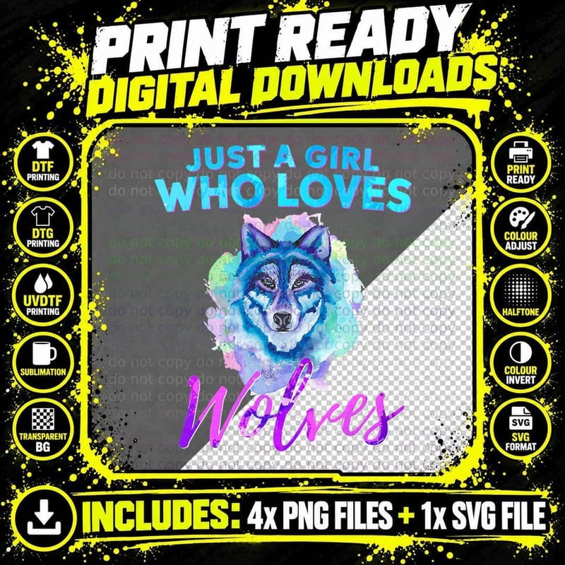 Just a Girl Who Loves Wolves Watercolor Wolf Art T-Shirt Png SVG Digital Bundle