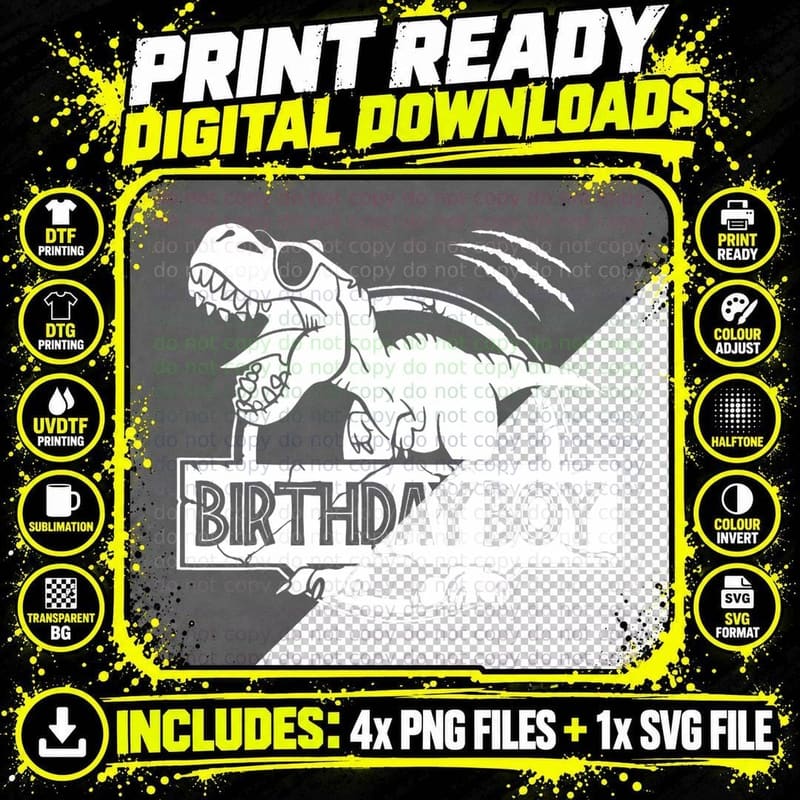 Kids Birthday Boy Dino T Rex Dinosaur Boys Matching Png SVG Digital Bundle