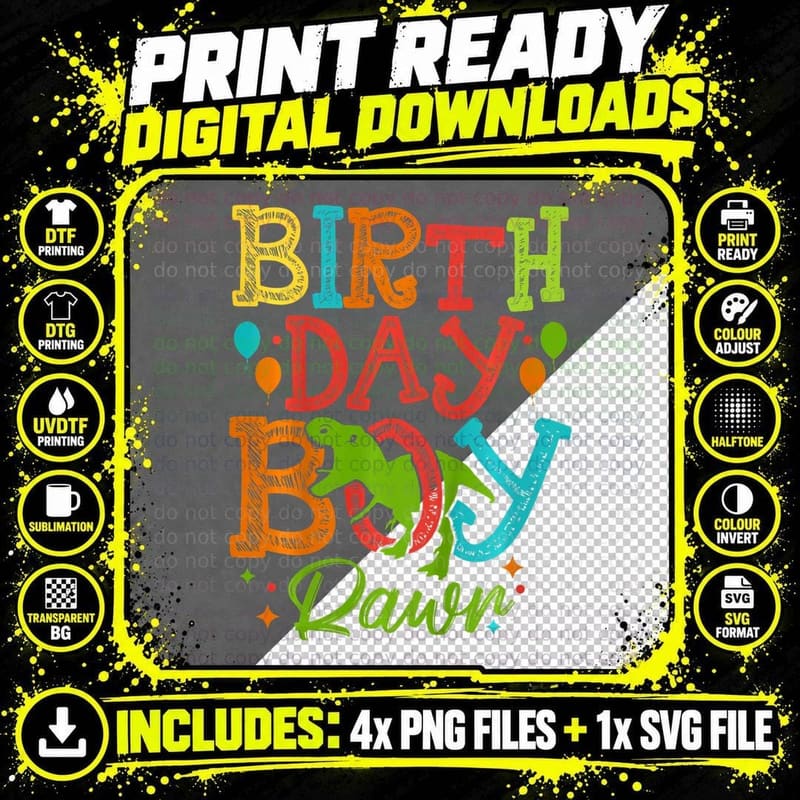Kids Dinosaur Birthday Boy Outfit T-Rex Party Dino Png SVG Digital Bundle