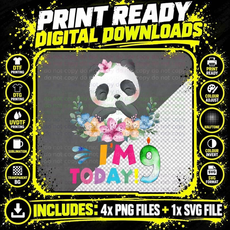 Kids I Am 9 Today Panda Birthday Party Outfit Panda Png SVG Digital Bundle