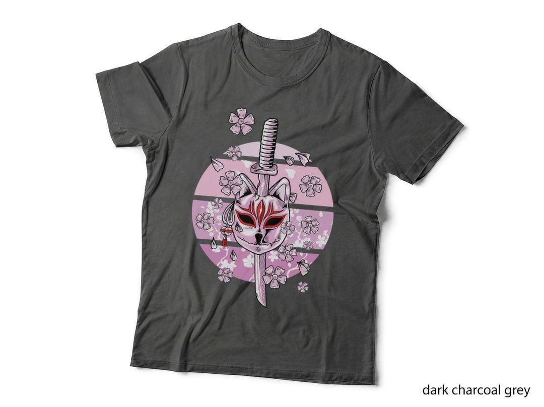 Kitsune Mask Japanese Nine Tailed Fox Cherry Blossom Flowers T-Shirt