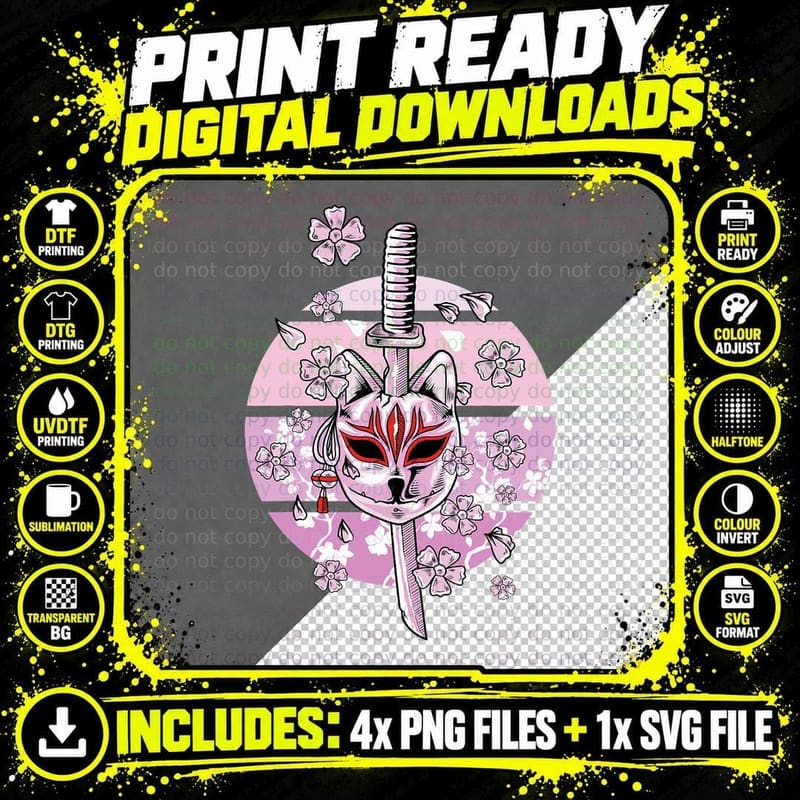 Kitsune Mask Japanese Nine Tailed Fox Cherry Blossom Png SVG Digital Bundle