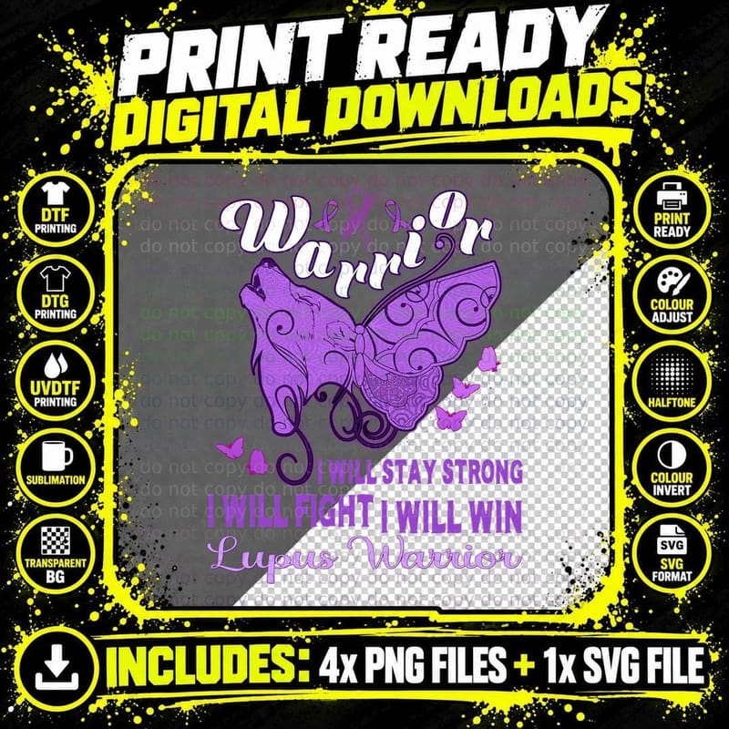 Lupus Awareness Warrior Purple Ribbon Butterfly Wolf Png SVG Digital Bundle