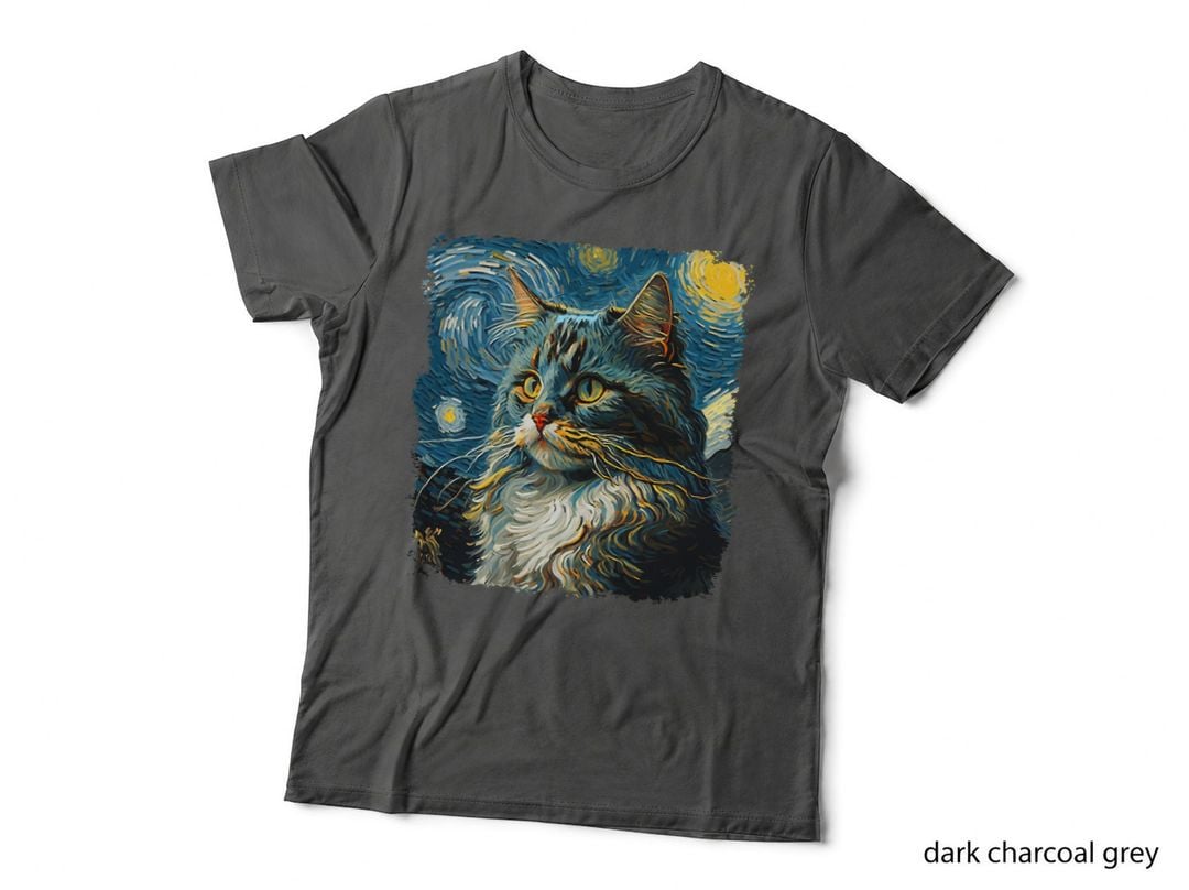 Maine Coon Cat Art Van Gogh Inspired Starry Night Cat Design T-Shirt
