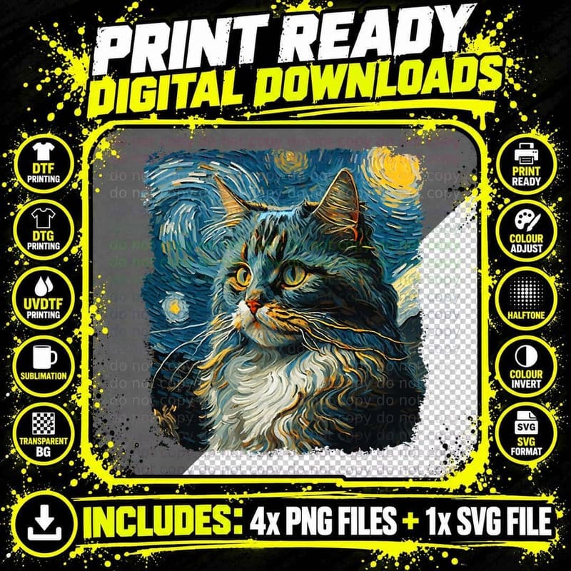 Maine Coon Cat Art Van Gogh Inspired Starry Night Cat Png SVG Digital Bundle
