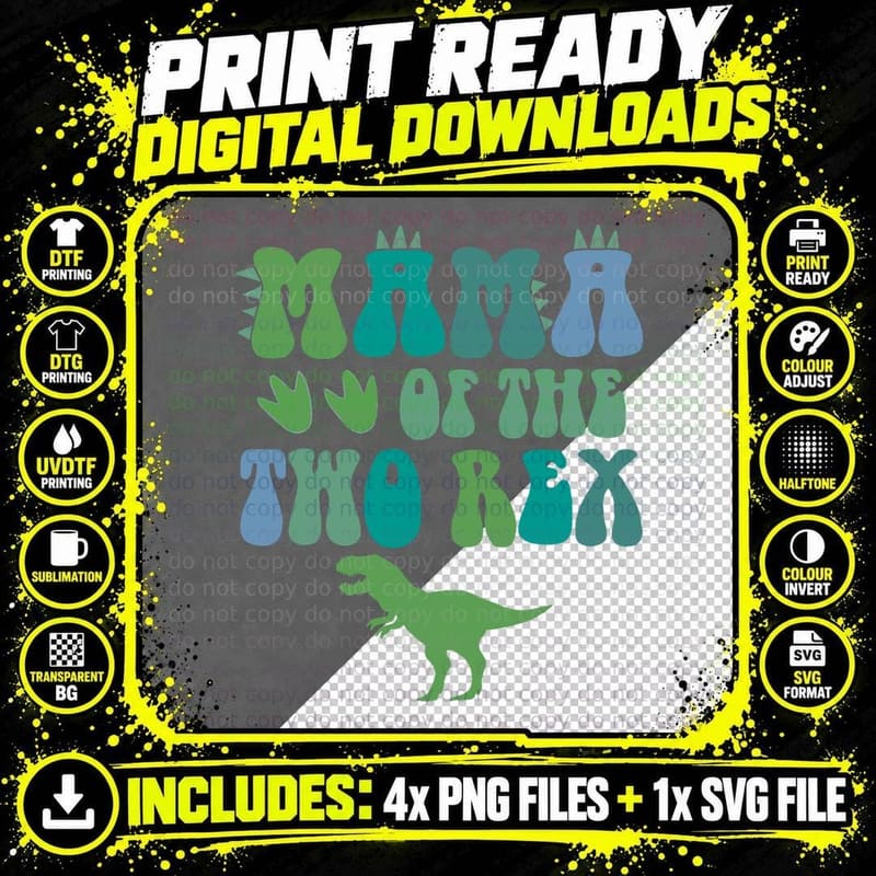 Mama of the Two Rex Birthday Boy T-Rex Dinosaur Mommy Png SVG Digital Bundle