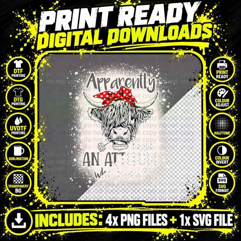 Mens Bleached Highland Cow Apparantly I Have an Attitude Png SVG Digital Bundle