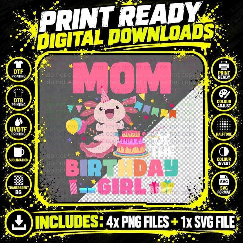 Mom and Dad of Birthday Girl Axolotl Family Party Decor Png SVG Digital Bundle