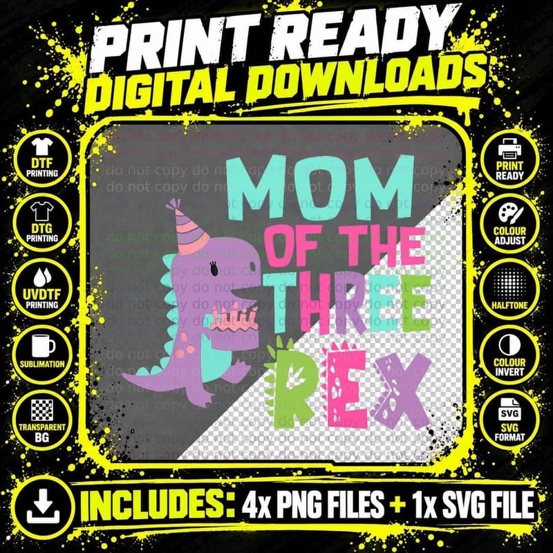 Mom of Three Rex Birthday Dinosaur Family Matching Png SVG Digital Bundle